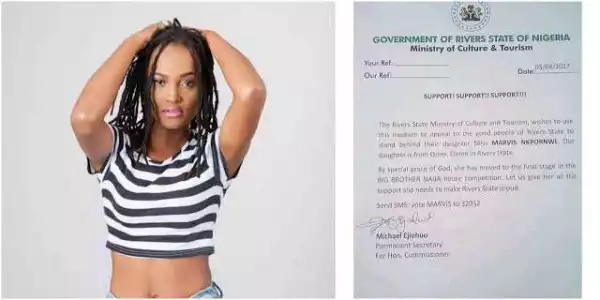 #BBNaija:- Rivers State Goverment is allegedly campaigning votes for Marvis (see letter)